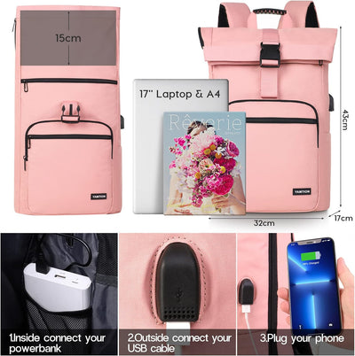 Laptop Rucksack Damen 17 Zoll,Rolltop Rucksack Stadtrucksack Damen Wanderrucksack Frauen Motorrad Ru