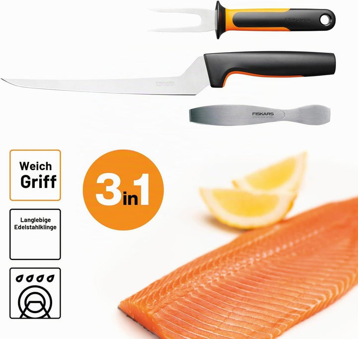 Fiskars Fischbearbeitungs-Set, Functional Form, Inklusive Filetiermesser, Fischspiess und Fischgräte
