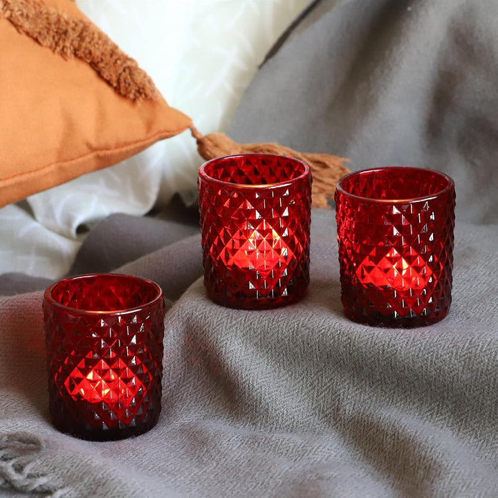 Rote Teelichter Gläser mit 12, Teelichthalter Glas für Tischdekorationen bei Hochzeiten, Rautenmuste