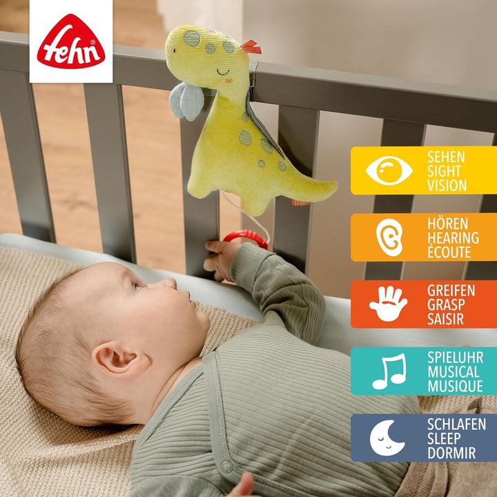 Fehn 051018 Mini-Spieluhr Dino – Kuscheltier & Einschlafhilfe: Melodie „Mozarts Wiegenlied“ beruhigt