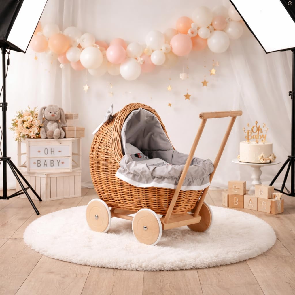 e-wicker24 Alles aus Weide Puppenwagen aus Weide mit Bettwäsche perfekte Geschenkidee Korbpuppenwage