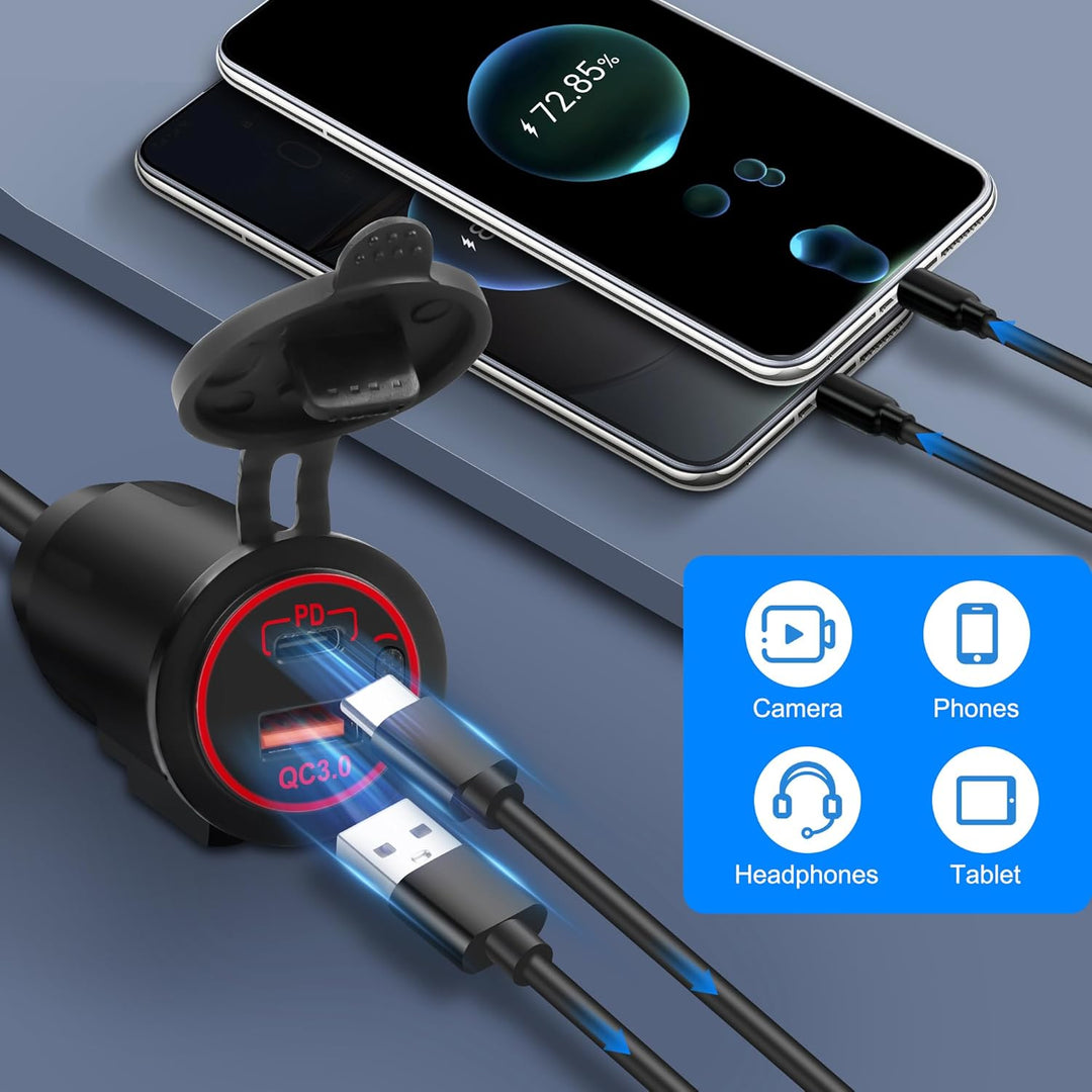 XMSJSIY Motorrad USB-Ladegerät USB-Typ C Schnellladebuchse QC 3.0 18W USB-30W Typ-C Schnellladeadapt
