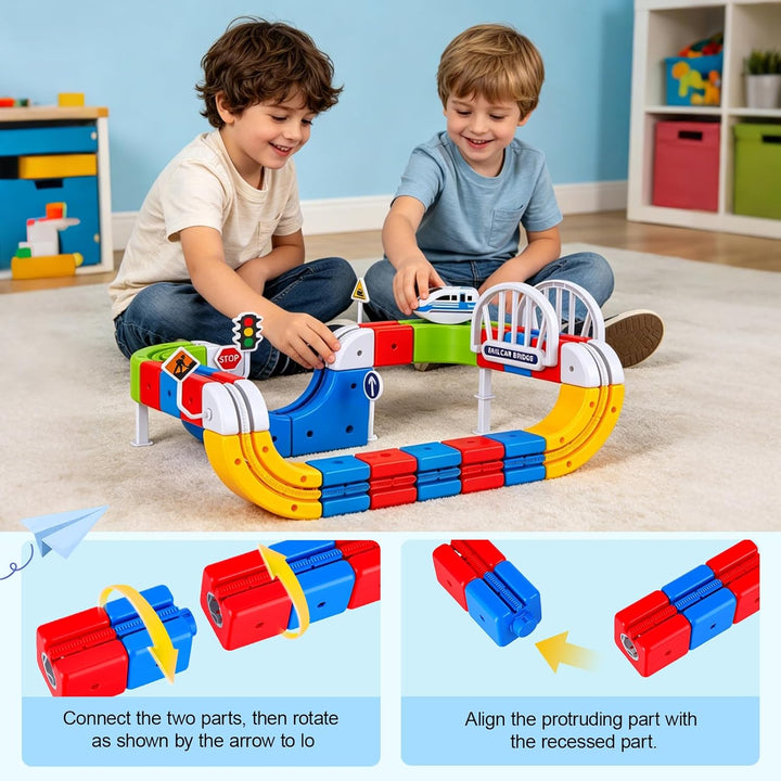 Clickrail Elektrisches Zug Set, Flexibles Rennbahn Set mit Magnetischen Bausteinen, Schwerkraft-defy