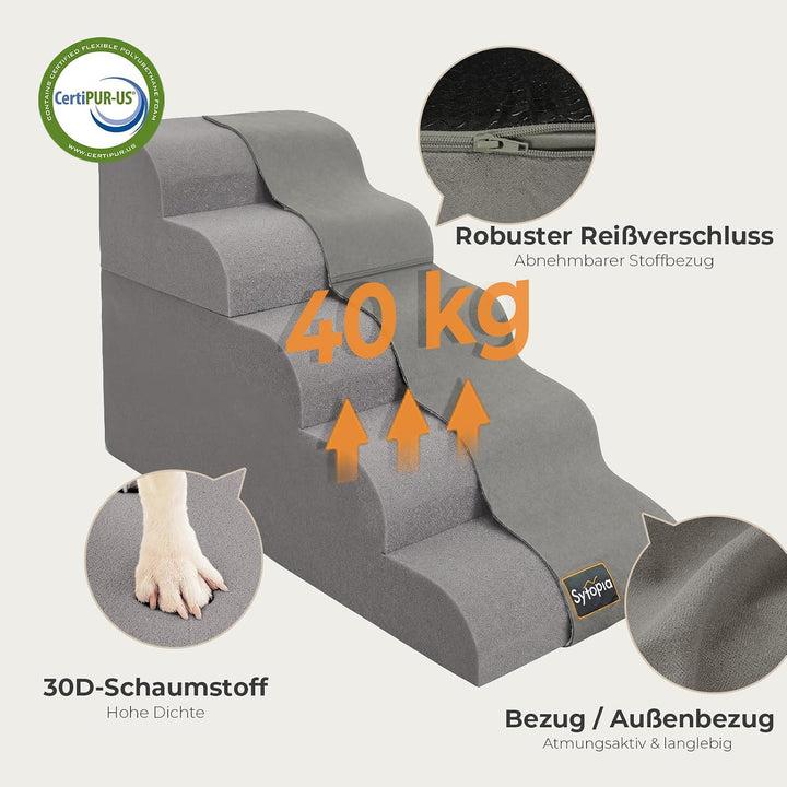 Sytopia Hundetreppe 5 Stufen, 58 cm, bis 36 kg, Katzentreppe für Bett Sofa Couch, 30D CertiPUR-US Sc