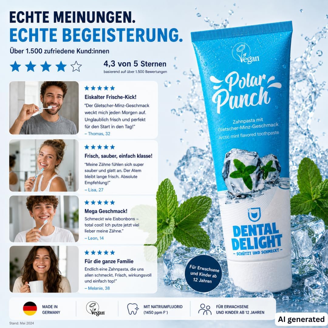 DENTAL DELIGHT Polar Punch Zahnpasta, Vegane Zahnpasta mit Geschmack, Zahncreme (Minze, 12er Pack)