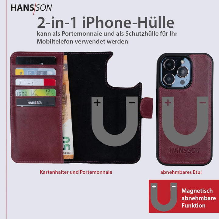 HANS/SON Klappbare Echtlederhülle in Magenta | iPhone 14 Pro Max Ledercase mit Kartenfächern | Leder