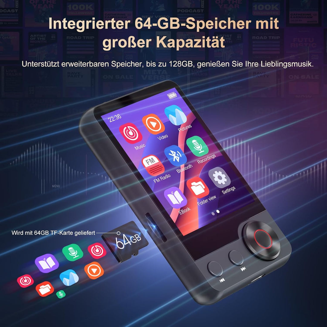 128GB MP3-Player mit Bluetooth 5.3, 2,4 Zoll tragbarer Voll-Touchscreen-Musikplayer mit Lautsprecher