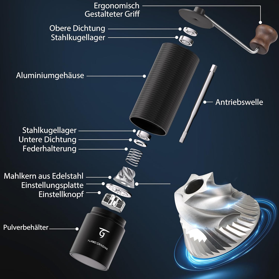 SUNYA Kaffeemühle Manuell mit Kaffeerezeptbuch - Edelstahl Handkaffeemühle mit Kegelmahlwerk Mahlgra