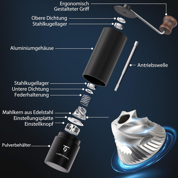 SUNYA Kaffeemühle Manuell mit Kaffeerezeptbuch - Edelstahl Handkaffeemühle mit Kegelmahlwerk Mahlgra