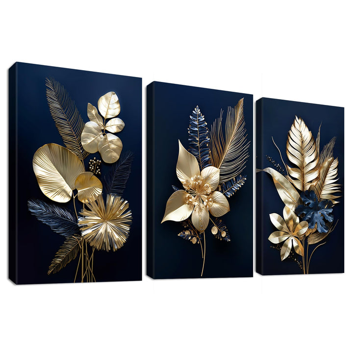 3 Panels 3D Marineblaue Goldblumen Mit Rahmen Leinwand Bilder Monstera Kokosnuss Blätter Bild auf Le