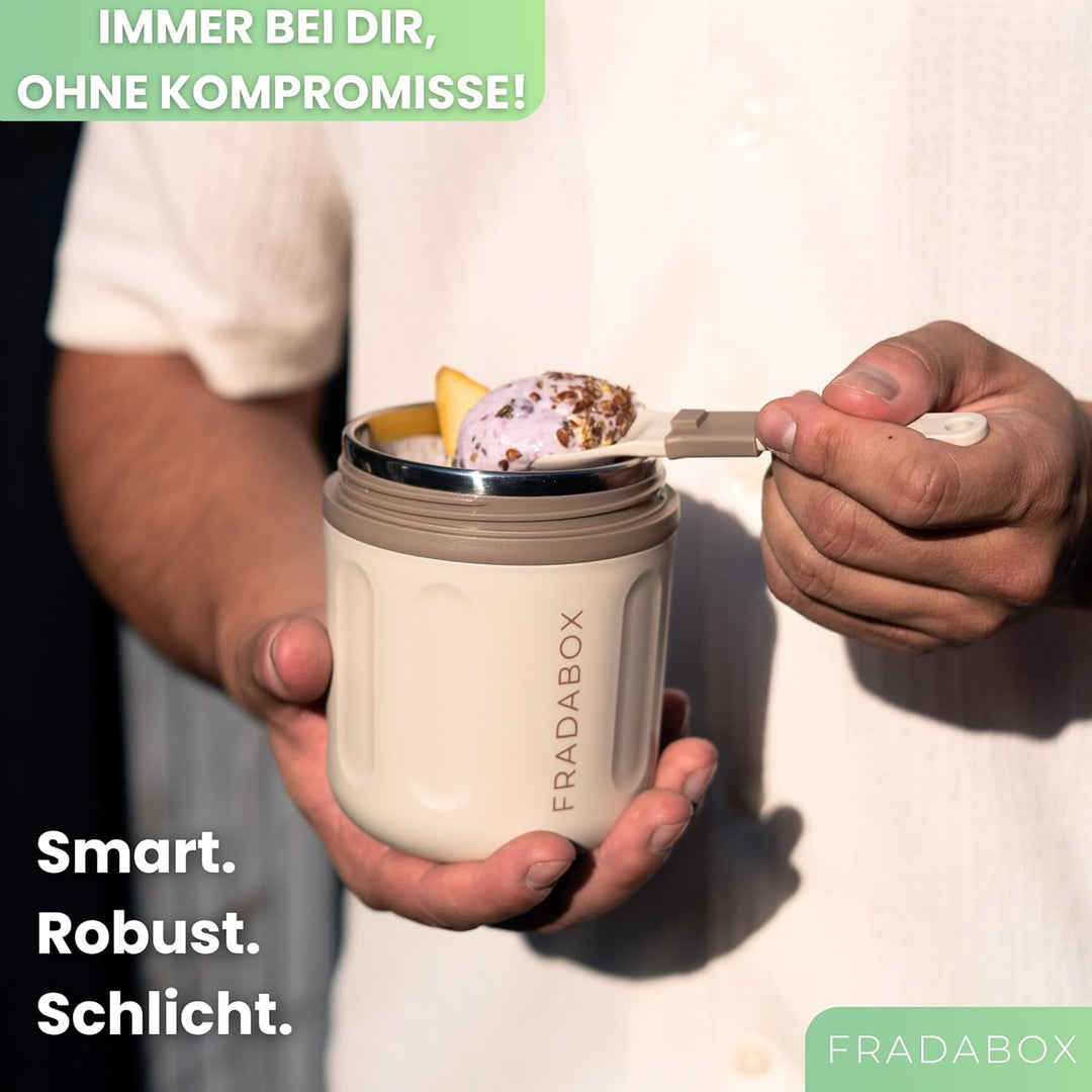 FRADABOX® Lunchpot „Casey“, Thermobehälter mit Löffel, Premium Edelstahl, Müslibecher to go, Auslauf