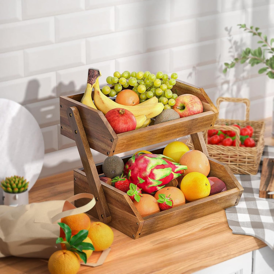 CALM COZY Obstkorb aus Akazienholz für Küchenarbeitsplatte, 2 Etagen Abnehmbarer Obstschalenhalter f
