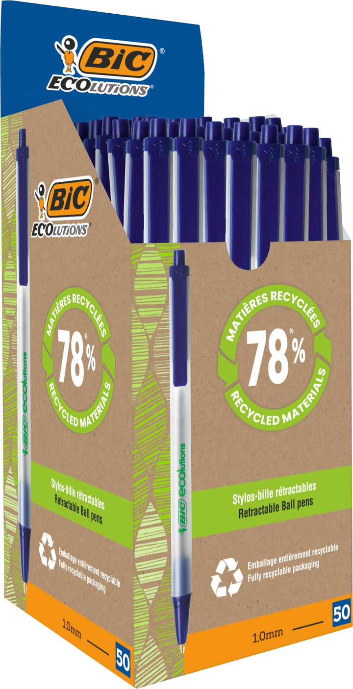 BIC Kugelschreiber Set ECOlutions Clic Stic, in Blau, Strichstärke 0,32 mm, 50er Pack, Ideal für das