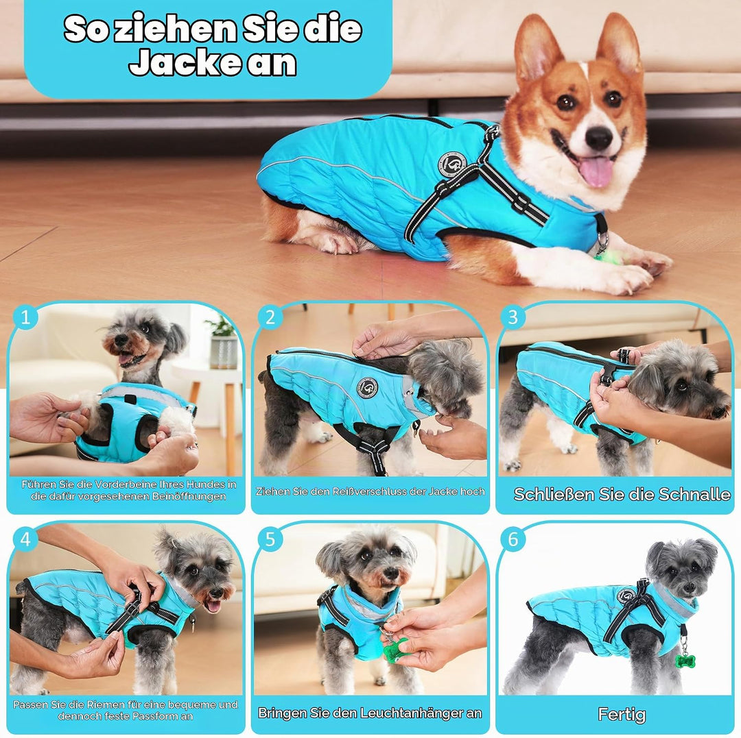 Hundemantel Winter, Hundemantel Wasserdicht, Warme Hundejacke mit Geschirr, Reflektierende Streifen,