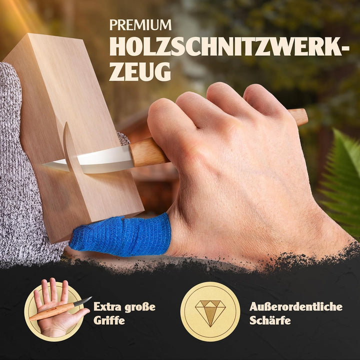 hochwertiges Schnitzwerkzeug (24 teil.) inkl. 32 S. Anleitung 4 Vorlagen u dt. Schnitzholz zum Schni