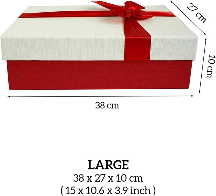 Emartbuy Starre Geschenkbox, 38 x 27 x 10 cm, strukturierte rote Box mit weissem Deckel, braune Inne