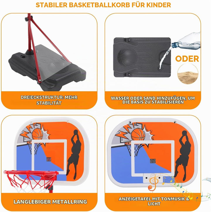 Basketballkorb Kinder, Tragbarer Basketballkorb Ständer Höhenverstellbar 80-180 cm, mit Anzeigetafel