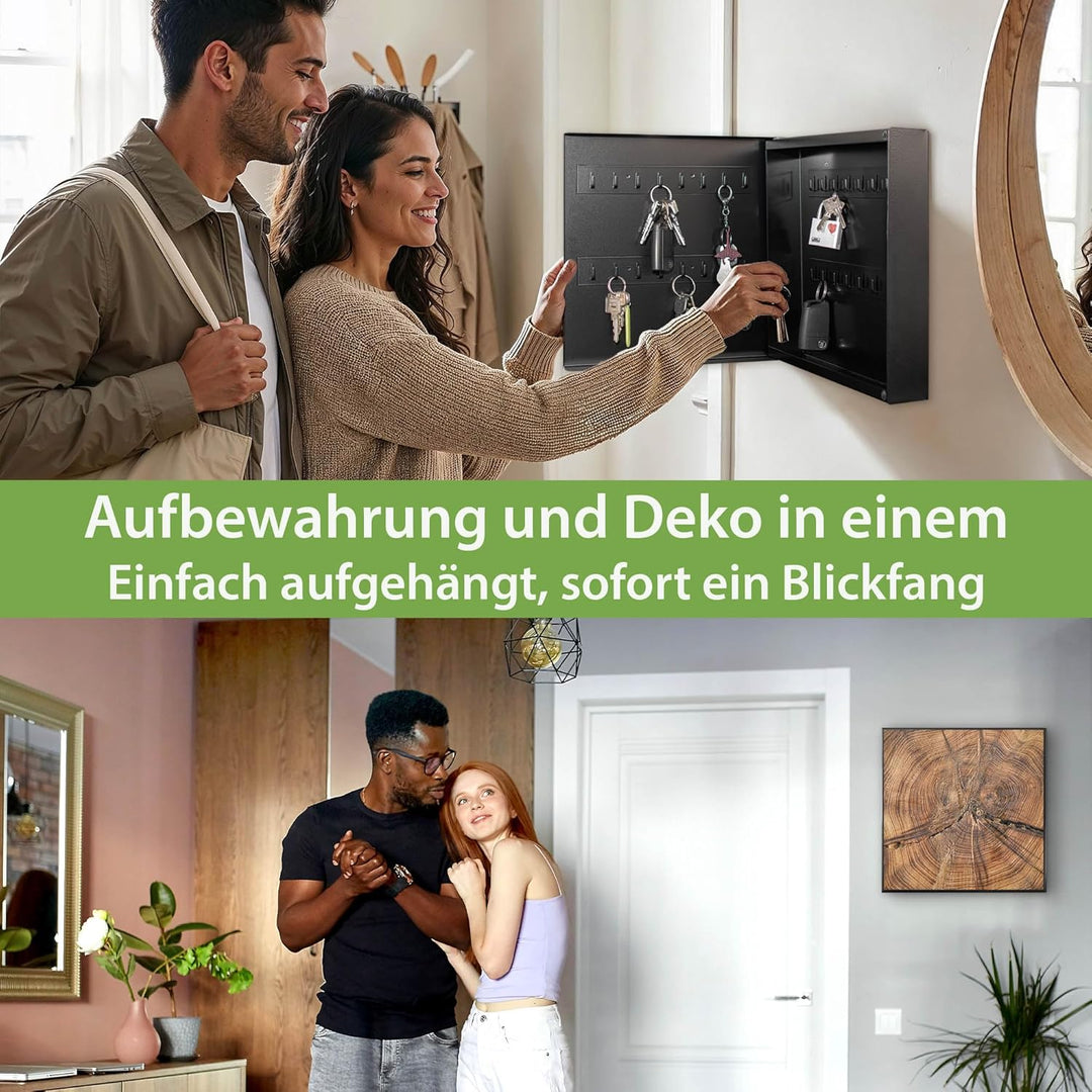 banjado® Grosser Schlüsselkasten Glas/Schlüsselbox 30cm x 30cm mit 50 Haken - Motiv Jahresringe/Schl