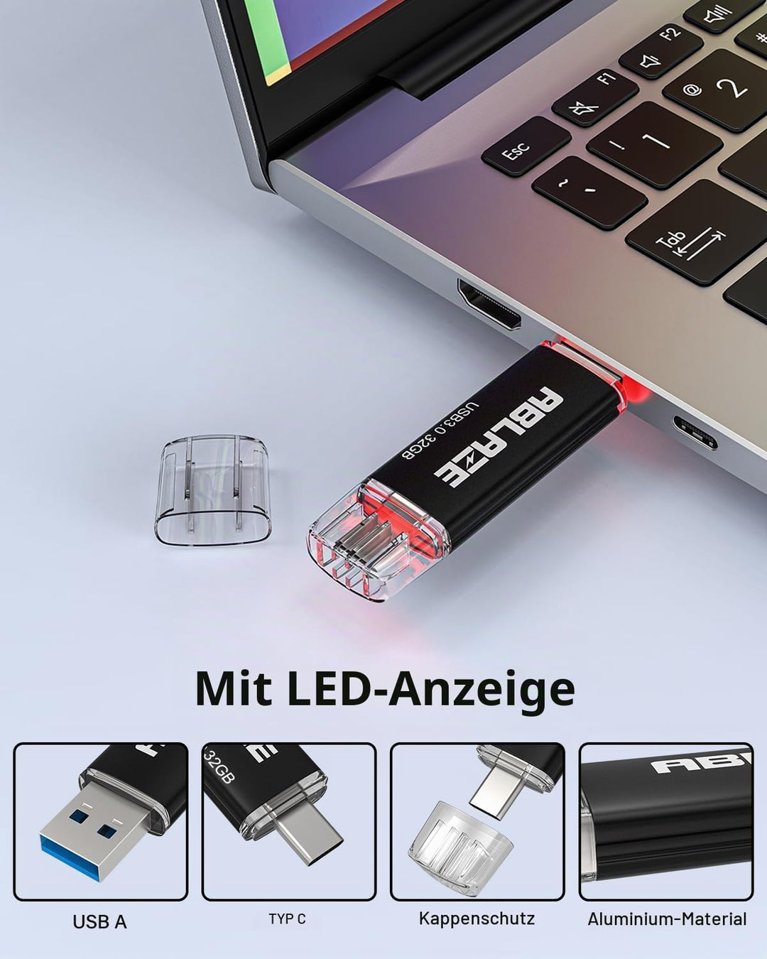 ABLAZE USB C Stick 32GB 2 Stück, Dual-USB Typ C + USB A 3.0 Speicherstick, OTG Flash Drive für Andro
