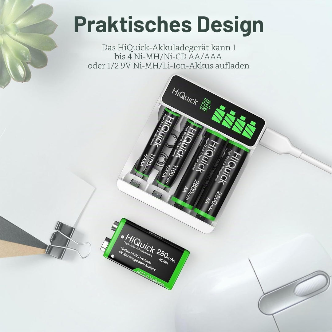 HiQuick Akku Ladegerät, mit LCD Anzeige, für NI-MH NI-CD AA/AAA Akkus, 4-Ladeplatz Universal Schnell