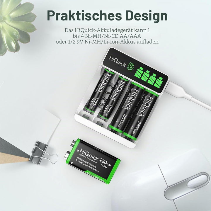HiQuick Akku Ladegerät, mit LCD Anzeige, für NI-MH NI-CD AA/AAA Akkus, 4-Ladeplatz Universal Schnell