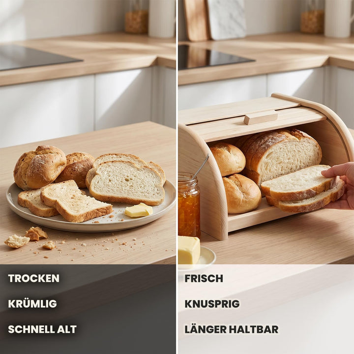 Brotkasten Holz XL mit grosser Öffnung und Rolltop - Brotbox aus Buchenholz für lang anhaltende Fris
