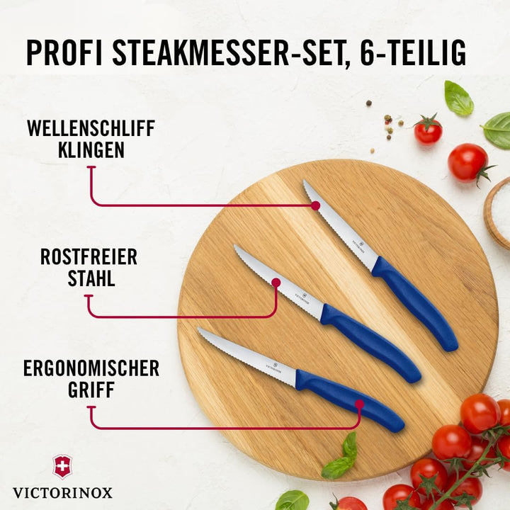 Victorinox, Swiss Classic, Profi Steakmesser-Set, 6-teilig, Extra Scharfe Klinge, Wellenschliff, 11