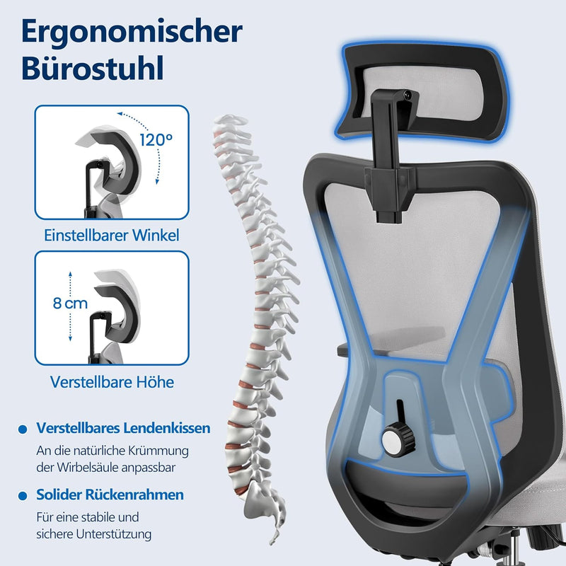 Yaheetech Bürostuhl Ergonomisch, Schreibtischstuhl mit Verstellbarer Kopfstütze, Armlehnen, Lendenwi