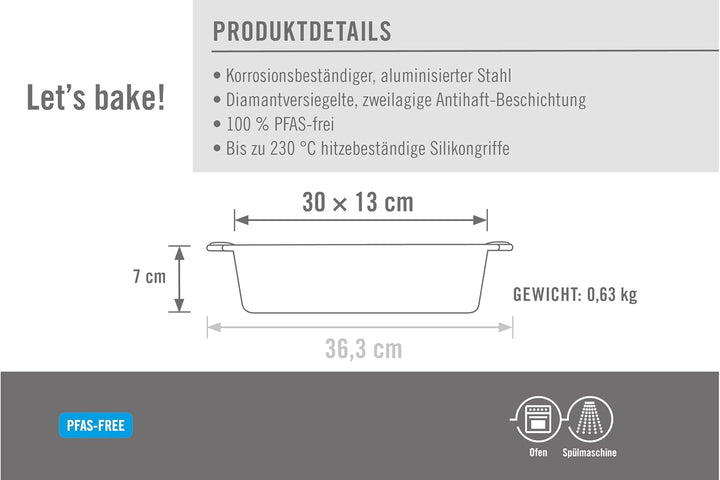 Woll Bakeware Kastenform 30 cm, mit hitzebeständigen Silikongriffen bis 230°C, PFAS-frei, zweilagige