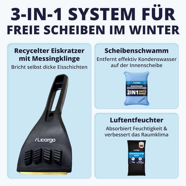 LICARGO Winter Komplett Set - Auto Luftentfeuchter (1kg) - 1x recycelter Eiskratzer - 1x Mikrofaser