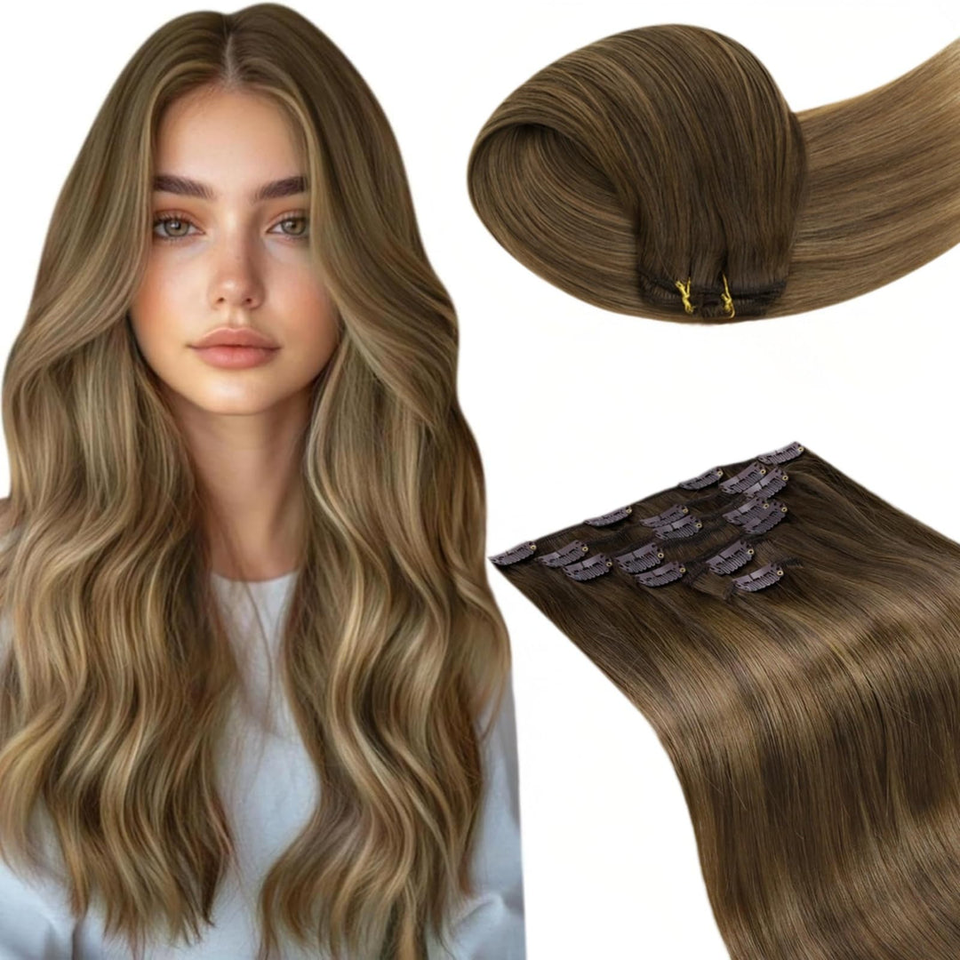 LaaVoo Clip in Extensions Echthaar Balayage Braun Echthaar Extensions Clip in Hellbraun Ombre Dunkel