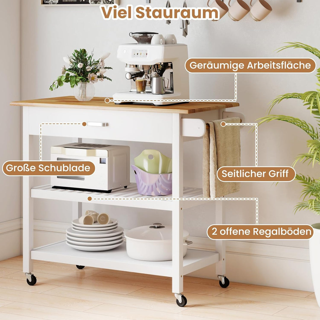 COSTWAY Küchenwagen, Mobile Kücheninsel mit Arbeitsplatte, 3-stöckiger Küchenrollwagen mit 2 offenen