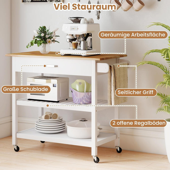 COSTWAY Küchenwagen, Mobile Kücheninsel mit Arbeitsplatte, 3-stöckiger Küchenrollwagen mit 2 offenen