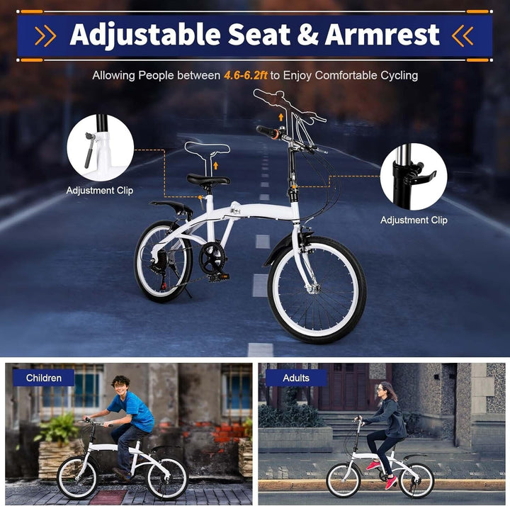 Fetcoi 20 Zoll Erwachsene Faltrad 7-Gang-Faltrad Camping Citybike weiss, Faltrad für Männer und Frau
