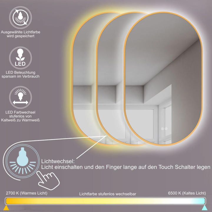 HOKO Design LED Antibeschlag Badspiegel oval 50x90 cm / 90x50 cm Carrara mit Metall Rahmen Gold. HOC