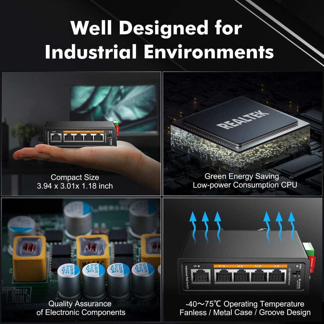 MokerLink 5 Port PoE+ Industrieller DIN-Schienen-Switch, 4 Ports PoE+ IEEE802.3af/at, 1 Uplink, 10/1