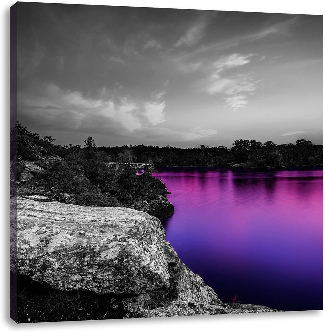 Pixxprint Seelandschaft in der Dämmerung schwarz/weiss, Format: 70x70 als Leinwandbild, 70x70