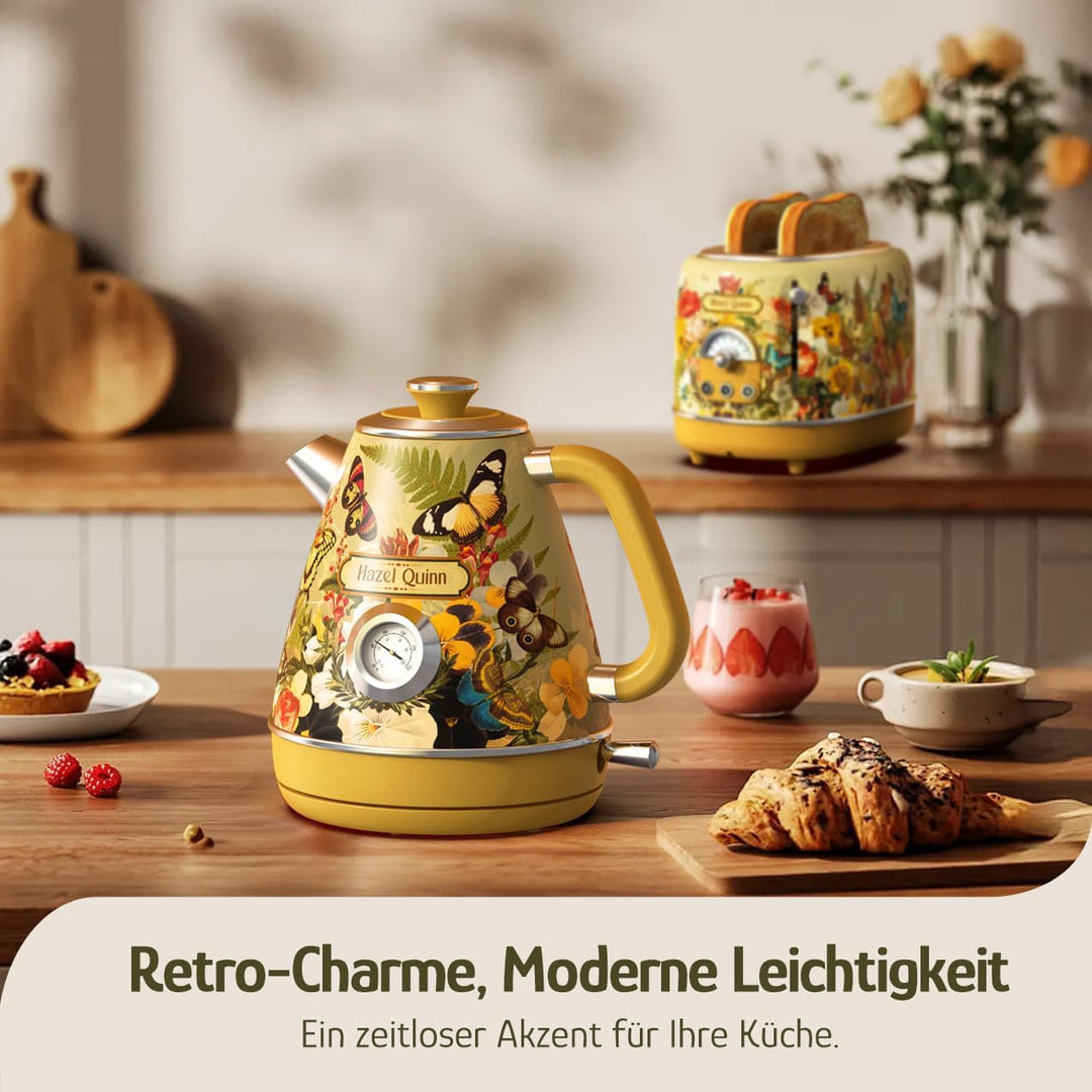 Hazel Quinn Retro Wasserkocher und Toaster Set, Vintage Frühstücksset aus Edelstahl, 1,7L Wasserkoch