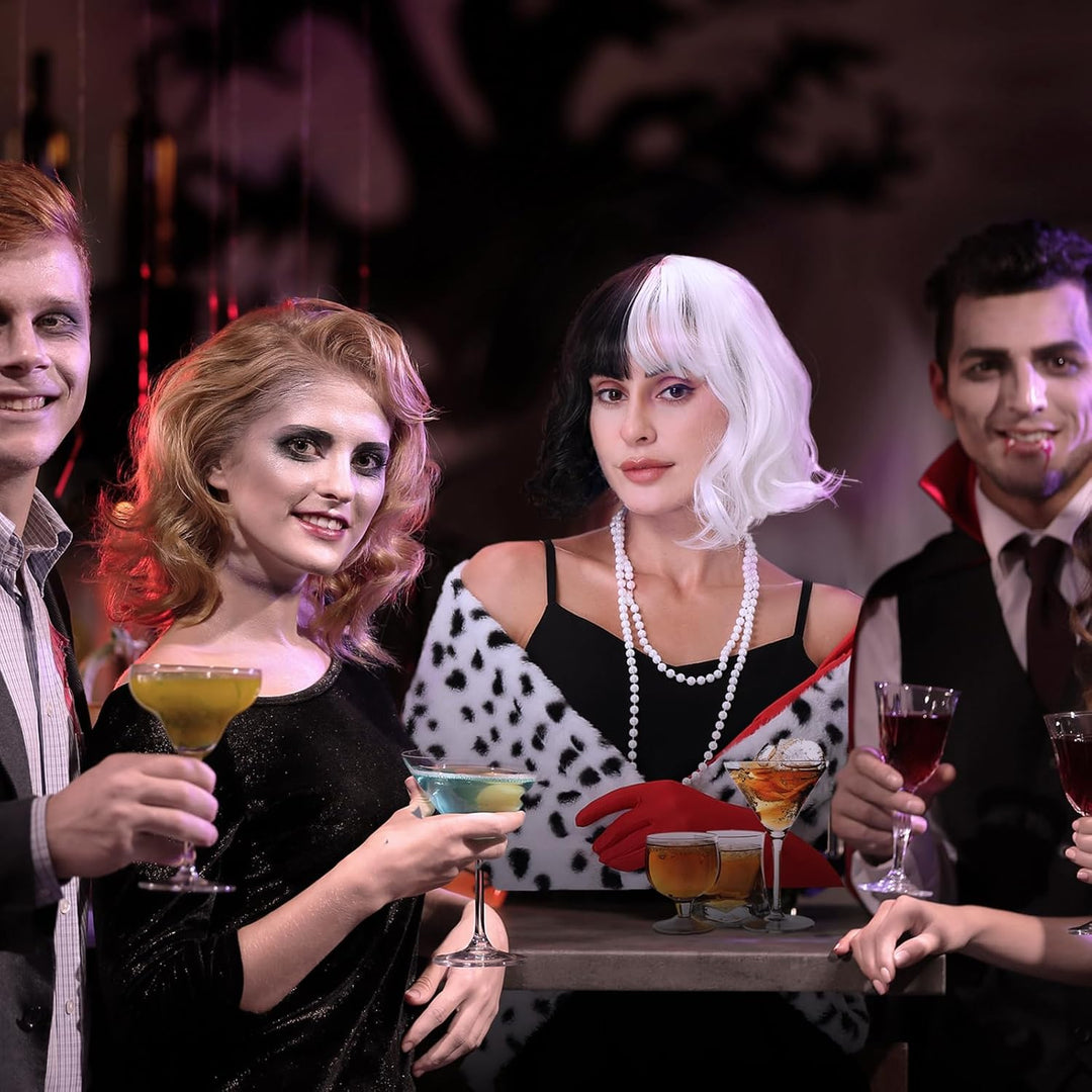 Aragallant Cruella Kostüm Damen, Kurze Schwarze und weisse Perücke, Halloween Kostüm Damen Set, 70er