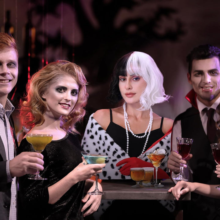 Aragallant Cruella Kostüm Damen, Kurze Schwarze und weisse Perücke, Halloween Kostüm Damen Set, 70er