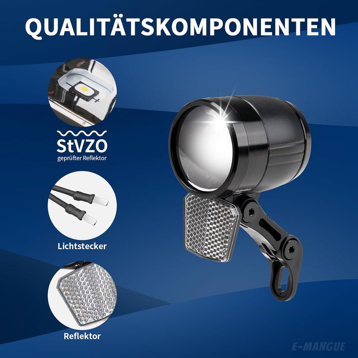 E-Bike Dynamo LED Fahrradlicht Vorne, 30-120 LUX StVZO Zulassung Frontlicht, Fahrradlicht mit Reflek
