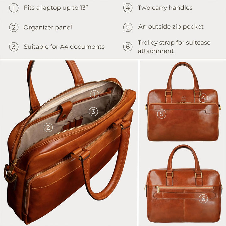 Time Resistance Aktentasche Leder Laptoptasche mit Schultergurt - Handgefertigt in Italien - Arbeits