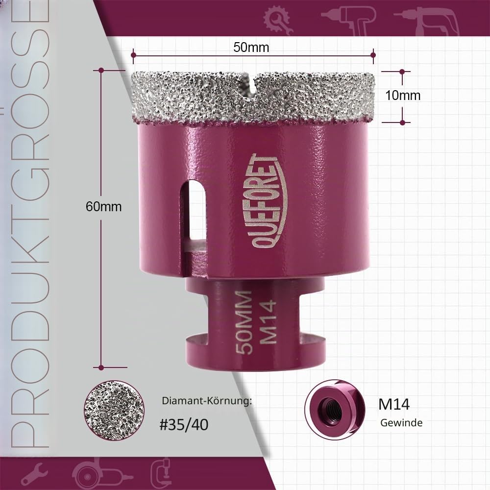 Diamant Fliesenbohrer 50mm x M14 - Bohrkrone für Fliesen Keramik Porzellan Marmor Granit, für Winkel