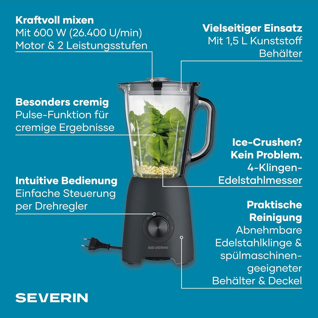 Severin Standmixer, Smoothie Maker, Blender elektrisch, 1,5L, 2 Stufen, Impulsfunktion, spülmaschine