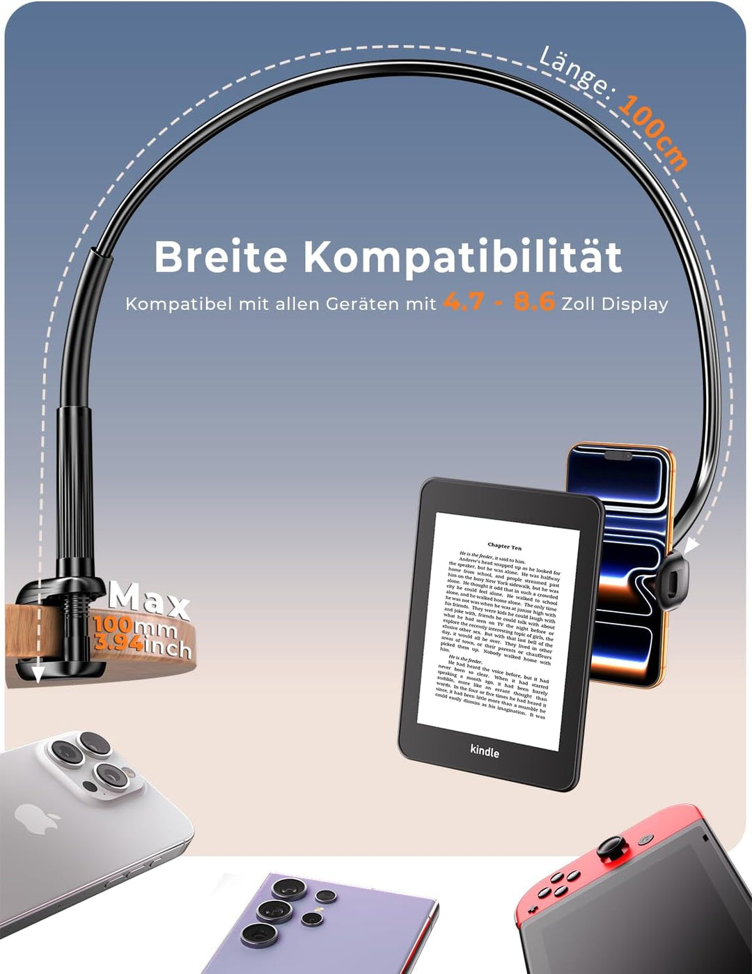 Schwanenhals Kindle & Handy halterung Bett: eReader Handyhalter für Tisch, Flexible Arm Verstellbare