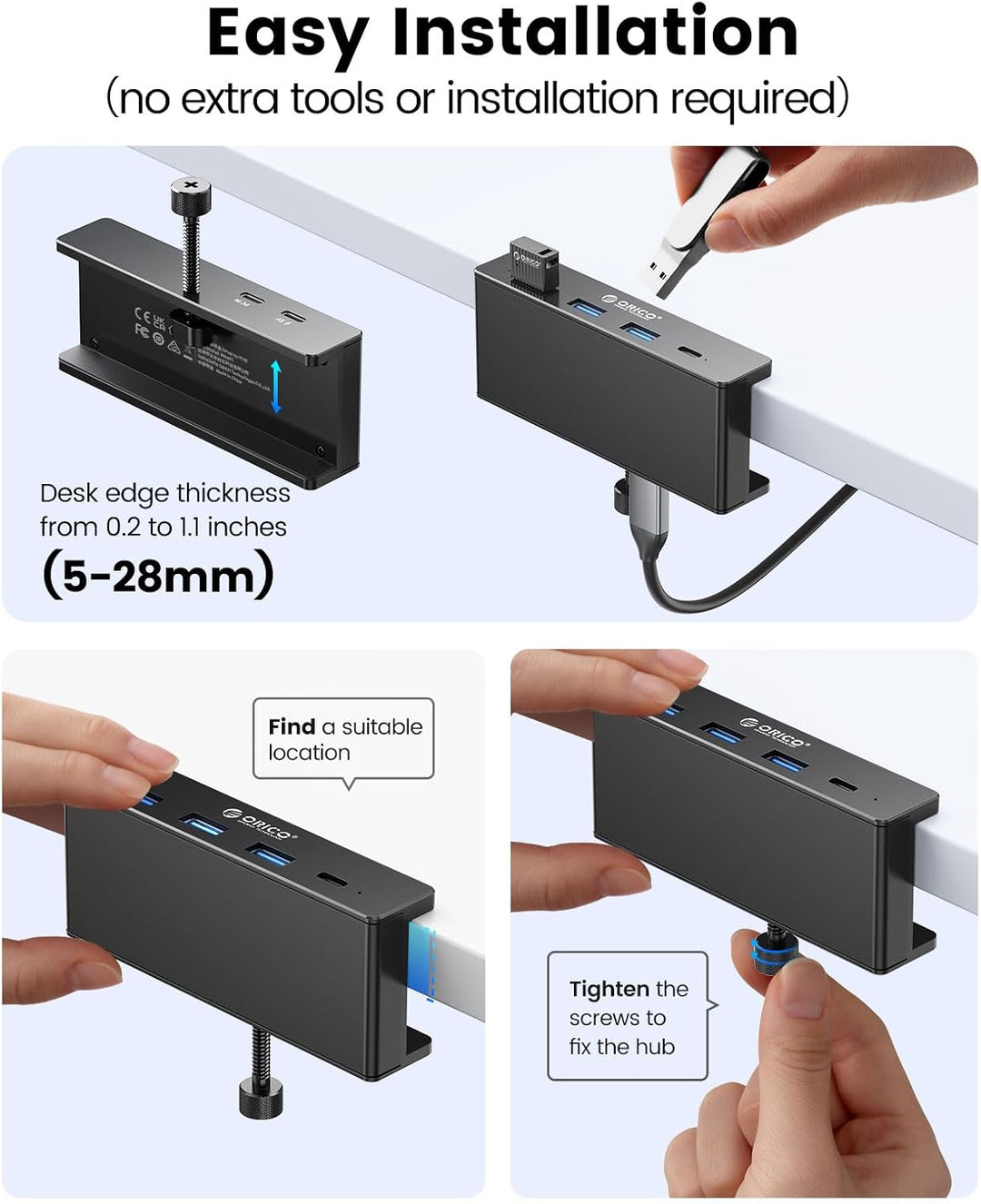 ORICO USB Hub, Aluminum USB 3.0 Hub Clip mit 5V Stromversorgungsanschluss, 5Gbps 4 Port USB Verteile