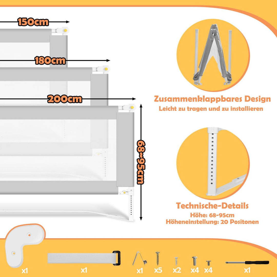 Ikodm Bettgitter 200cmx2+180cmx1, Bettgitter Rausfallschutz Bett Klappbar mit U-förmige Basis, Betts