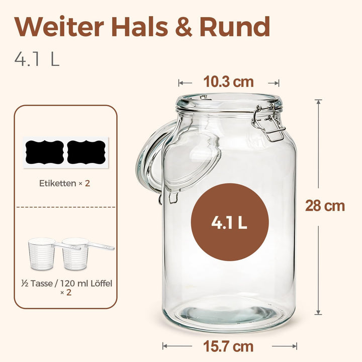 ComSaf 2er-Set Glasbehälter à 4l mit Deckeln 4100ml 4100ml*2, 4100ml x 2 Stück