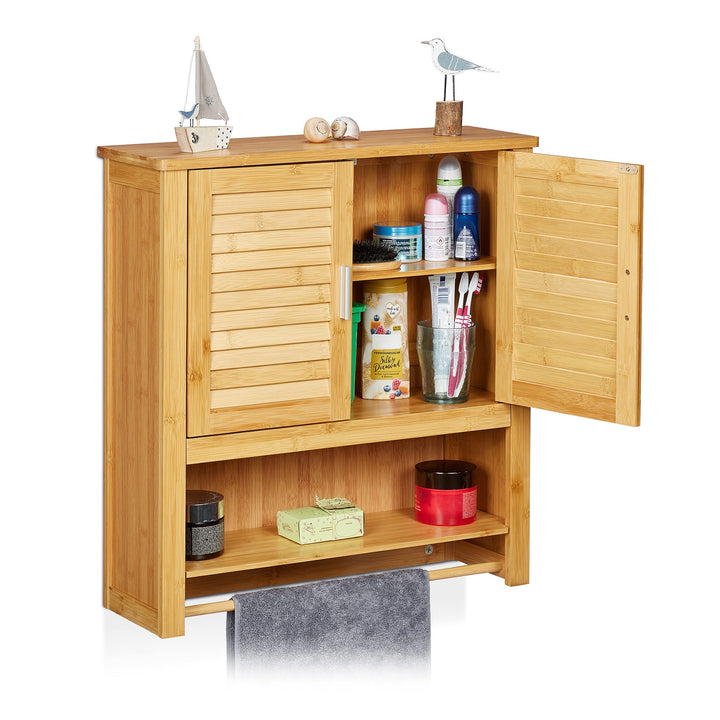 Relaxdays Hängeschrank LAMELL Bambus, mit Handtuchhalter, 3 Ablagen, 2 Türen, Badschrank, HBT: 66 x