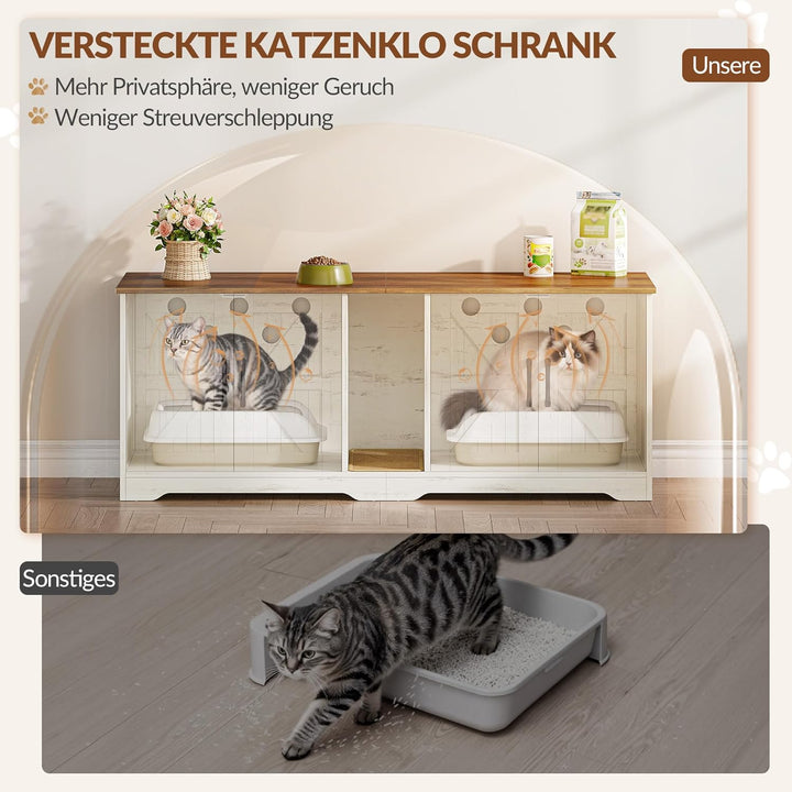 Katzenklo Schrank für 2 Katzen, Katzenklo Versteckt Schrank Möbel, Katzenhaus Holz Beistelltisch mit